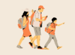 An illustration of a family hiking together carrying their backpacks and their Stories, strengths, and struggles.