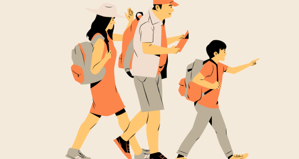 An illustration of a family hiking together carrying their backpacks and their Stories, strengths, and struggles.